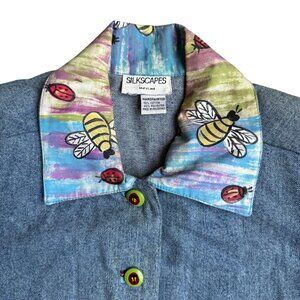 Silkscapes Jean‎ Jacket Handpainted Cat Womens Vintage Artsy Patchwork Oversized